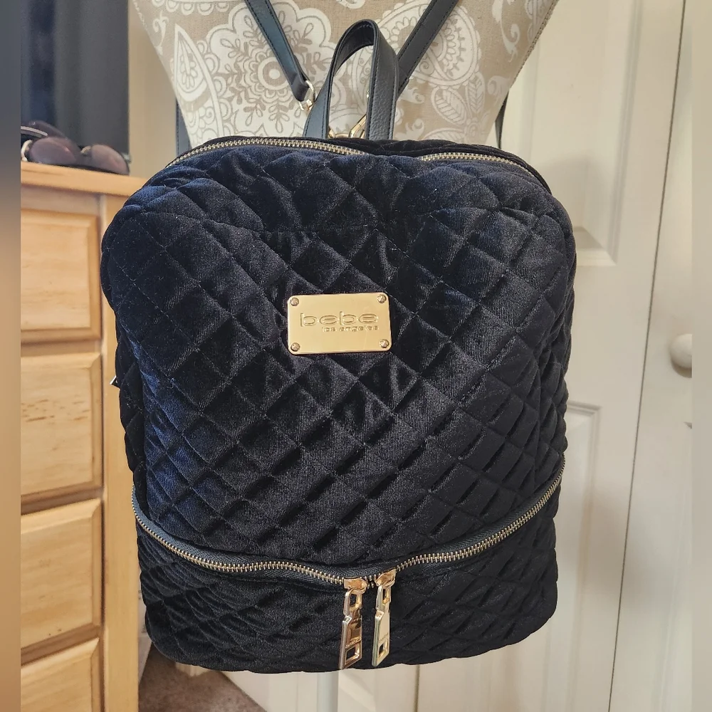 BEBE Black Velvet Diamond Quilted Mini Backpack Shoulder Bag Purse Carryall
